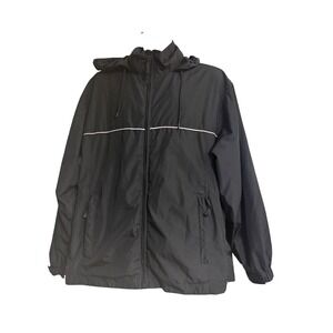 Devon & Jones Sport Mens Black Hooded Windbreaker Jacket Reflective Piping L A3
